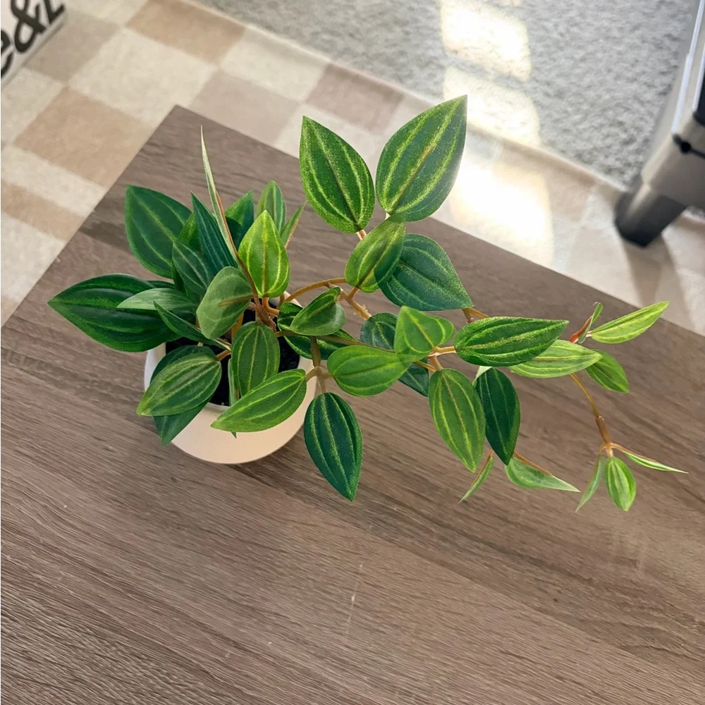 Faux Tabletop Green Plant in Beige Ceramic Pot